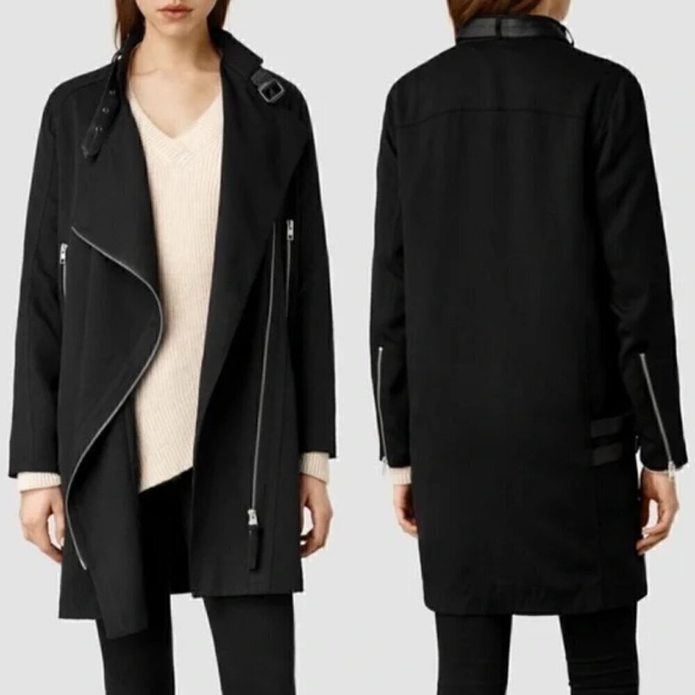 All Saints Wren Biker Coat Black with Leather Buckle Detail Leather Trim 10